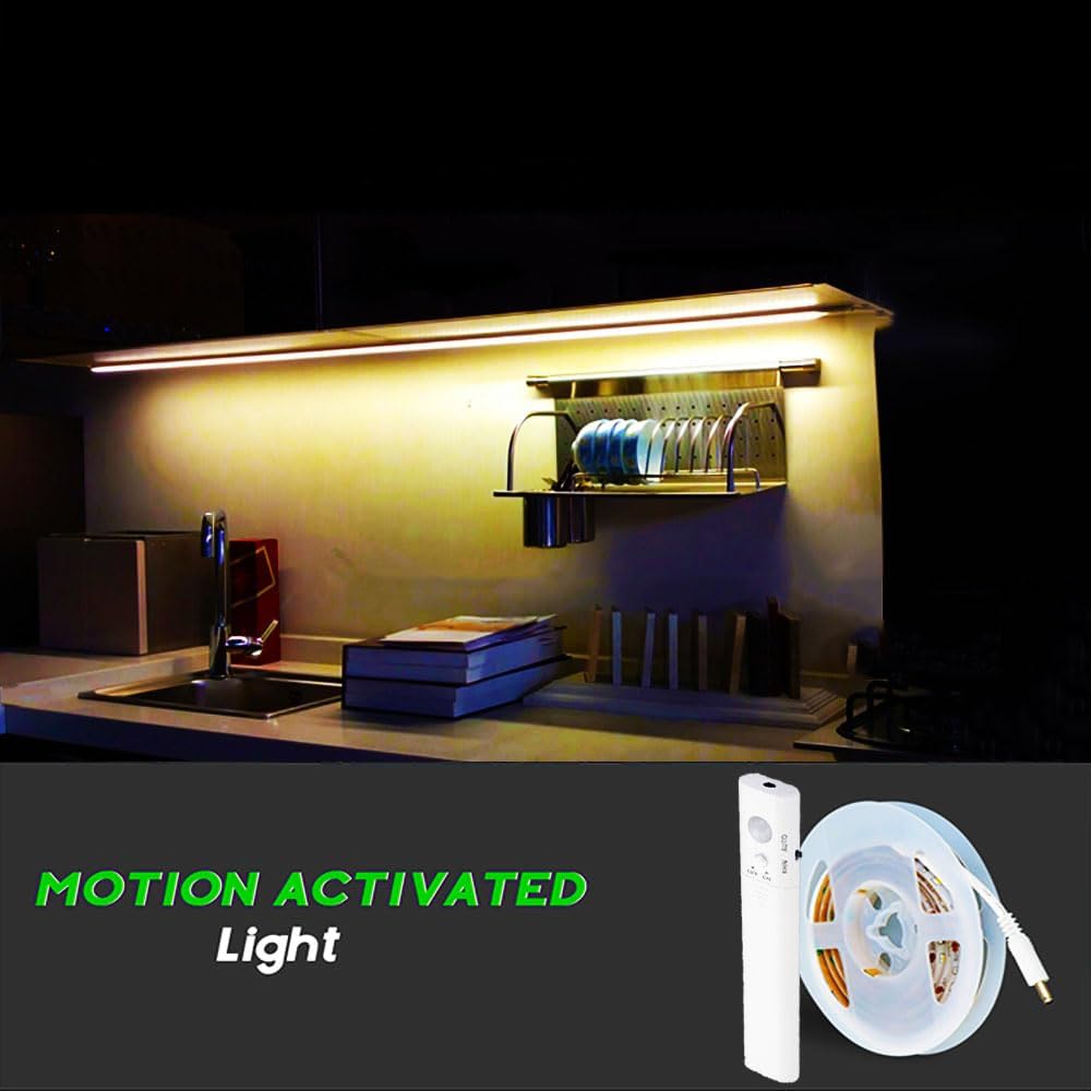 Motion Sensor Light Indoor, Closet Lights Motion Sensored, Battery Operated Cabinet Lights Strip, White Under Cabinet Lighting, Under Counter Lights for Kitchen, Led Strip Lights for Bedroom