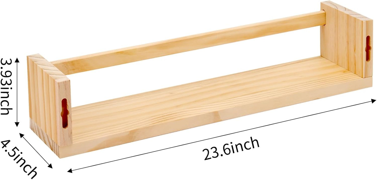 Fixwal Nursery Book Shelves, 23.6 Inch Floating Bookshelves for Wall Set of 3, Baby Nursery Decor, Solid Wood Wall Mounted Shelves for Books, Toys and Decor Storage (Natural Wood)