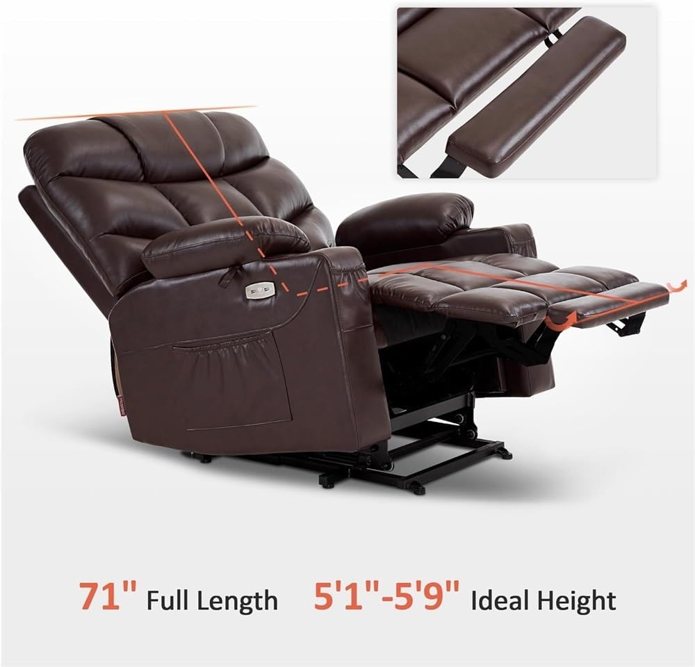 Leather Home Theater Power Lift Recliner Chair for Elderly, Ergonomic Electric Reclining Sofa with Massage and Heat, Heavy Duty Stand Up Chair with USB Ports & Side Pockets