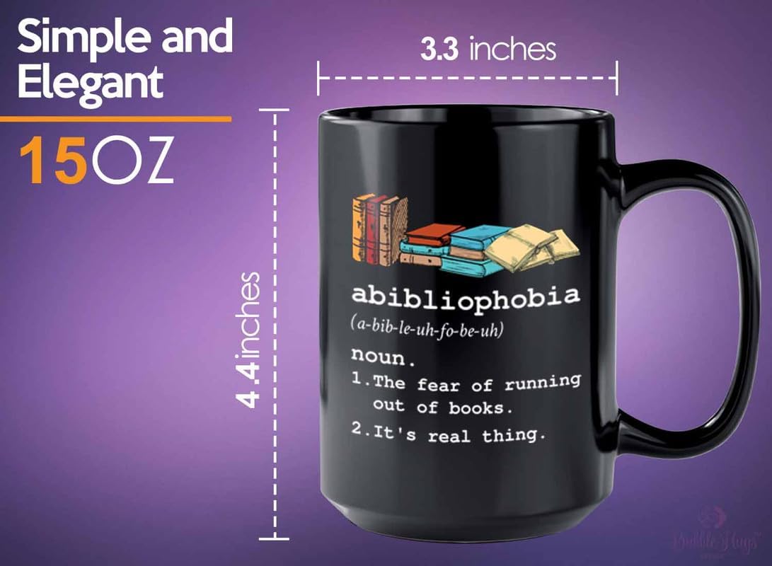 Reading Coffee Mug 15oz Black - Abibliophobia Definition - Reader Gift Bookworm Owl Lover Cat Lover Book Lover Novelist Librarian Writer