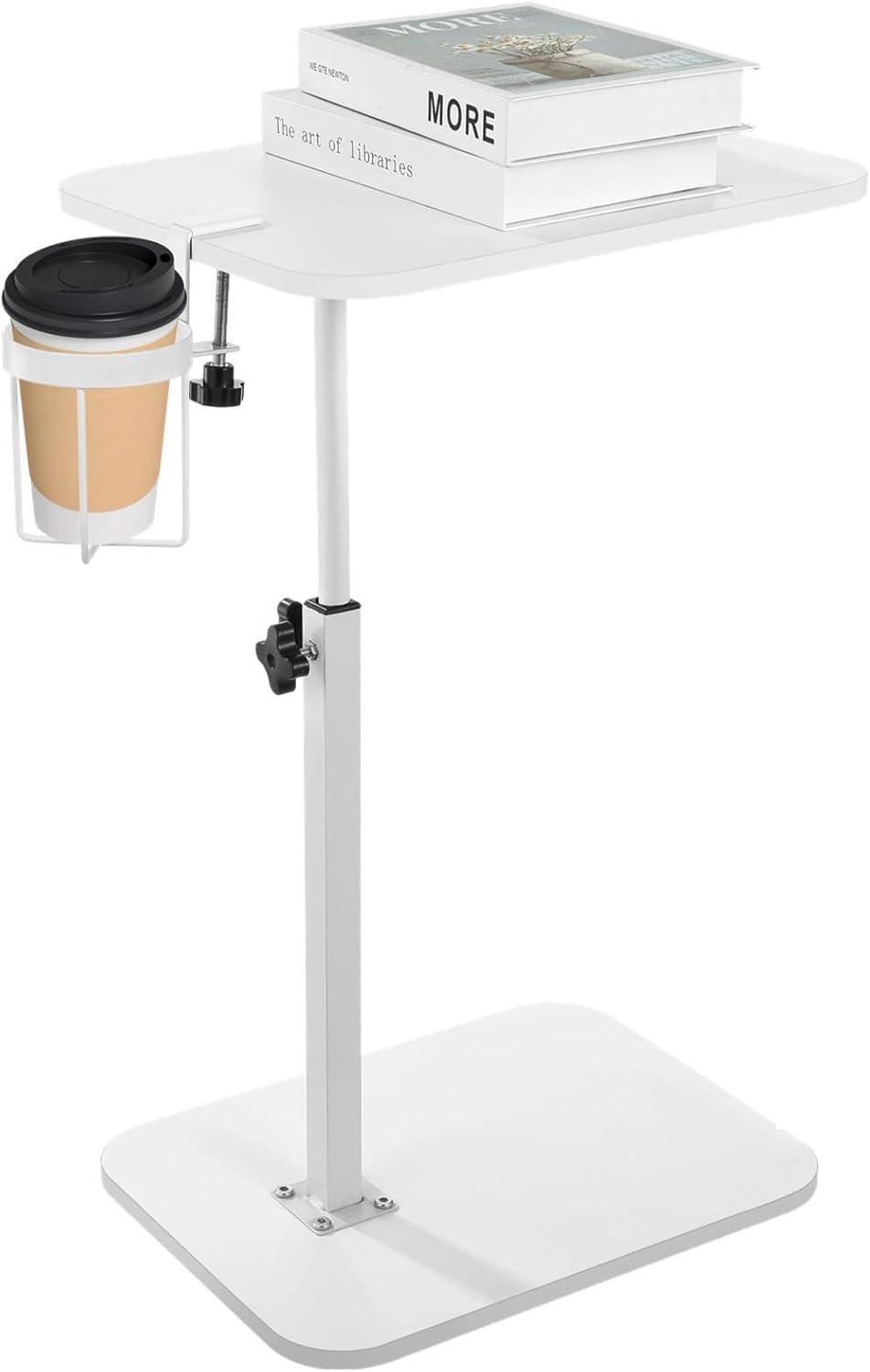 360° Swivel C Shaped Side Table with Cup Holder, Adjustable Height Sofa Tray Table for Couch or Bed, Sliding Under Sofa Snack & Laptop Side Table for Small Spaces, White End Table