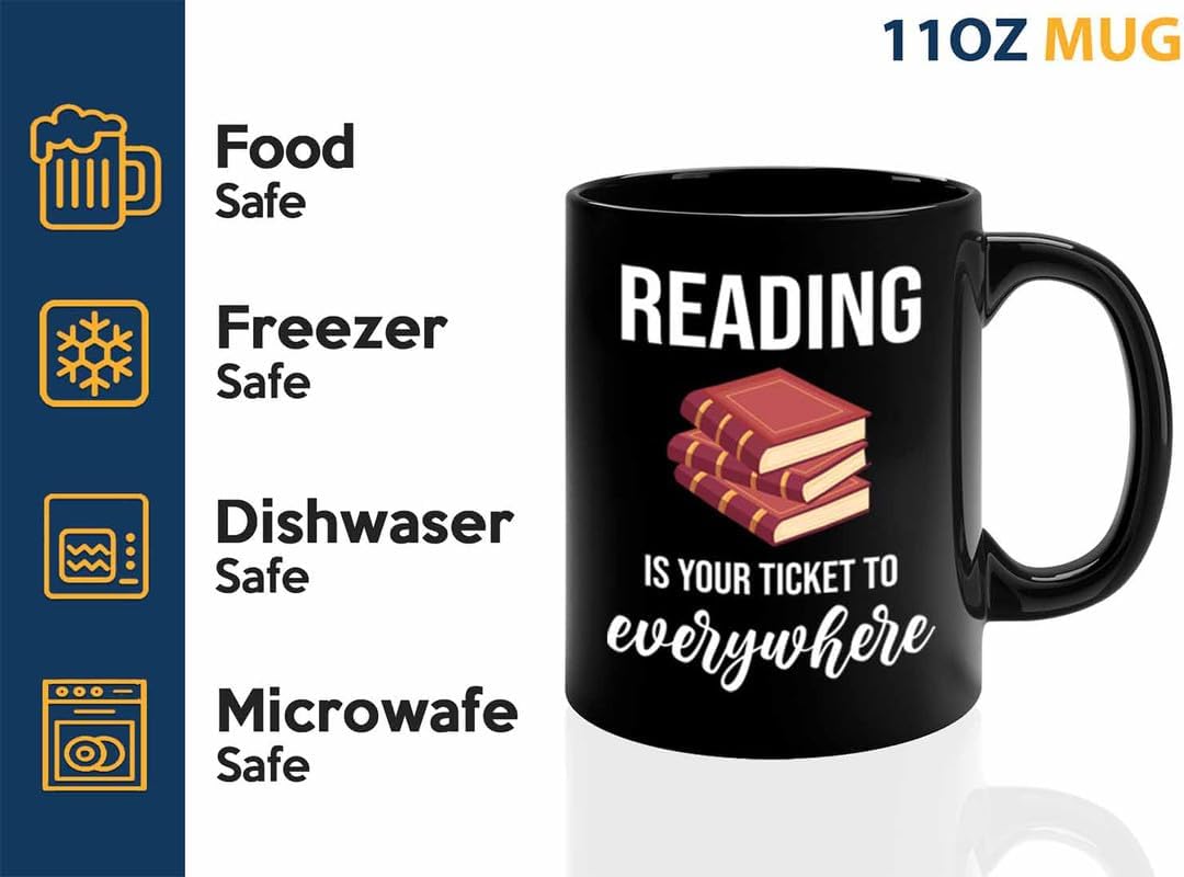 Bookish Coffee Mug 11oz Black -Reading ticket to everywhere - Novel enthusiast Book Club Librarian Book Lover Writer Reader Bibliophile