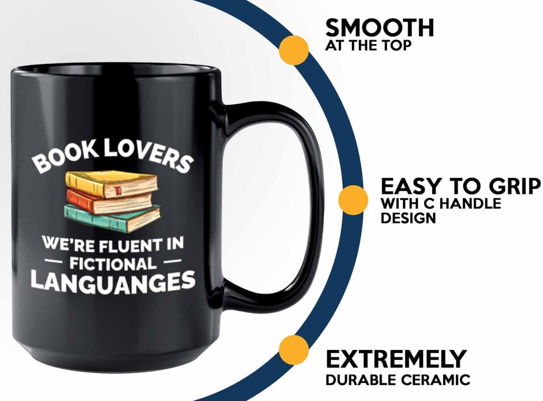 Book Lover Coffee Mug 15oz Black - fluent in fictional - Gift For Poets Bookish People Bibliophile Librarian Book Club Reader