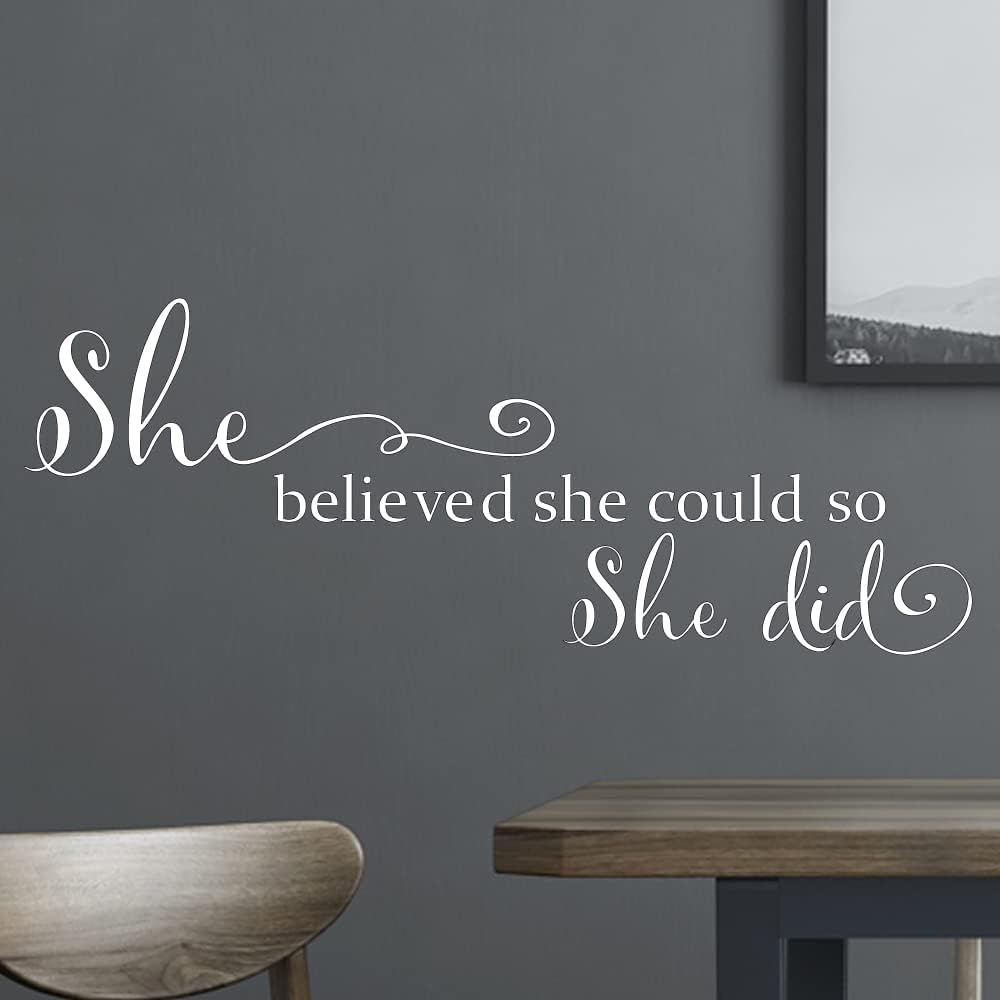 She Believed She Could so She Did - Pure Black Vinyl Wall Decal Carved Letters Girls Inspirational Quote Positive Kids Saying Sticker Home Art Decoration - White