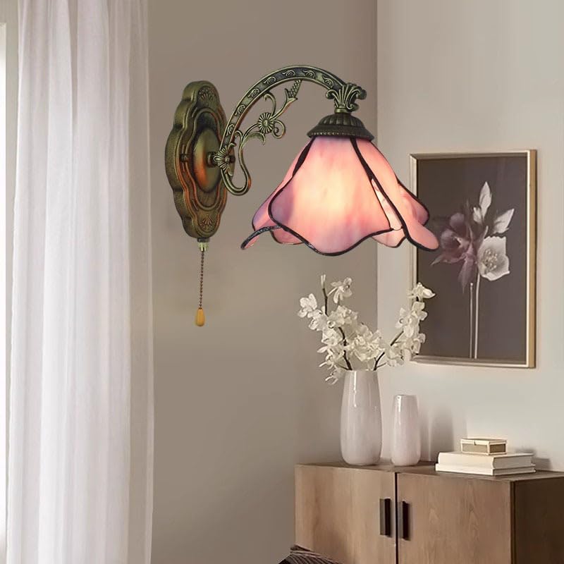 Solid Color Blue Pink Stained Glass Wall Sconce Lamp with Pull Chain Switch, Tiffany Style Vintage Wall Light for Bathroom Vanity Bedroom Bedside Reading Hallway Garage,Pink