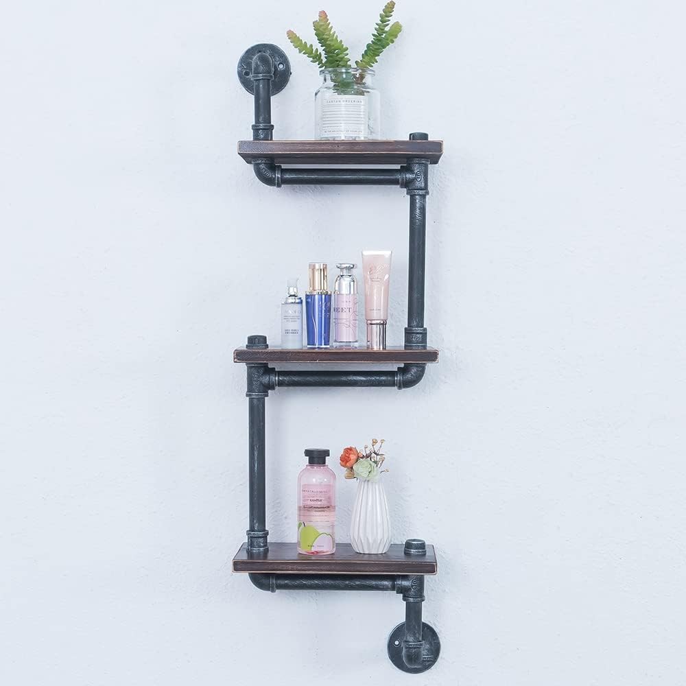 Industrial Pipe Shelving Wall Mounted,11.8in Metal Floating Shelves,Real Wood Book Shelves,Wall Shelf Bookshelf Shelves Bar Shelving(3 Tier)