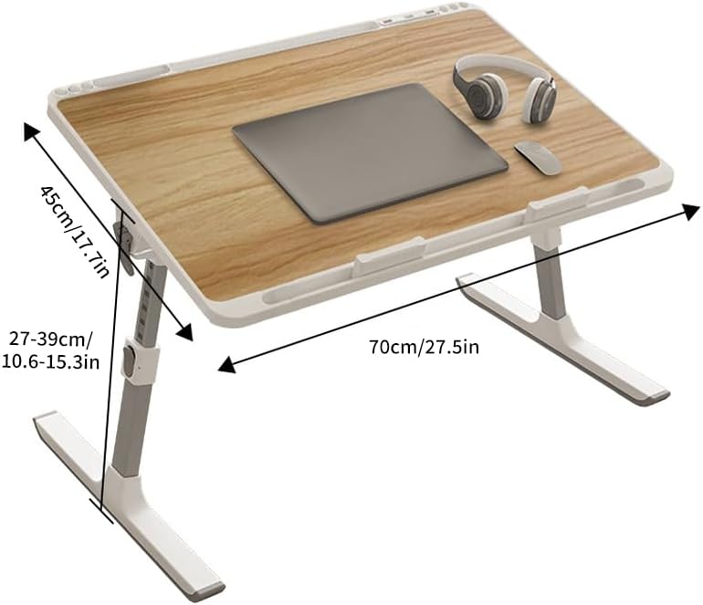 Woodgrain Foldable Laptop Desk Wide Area XX-Large 27.6X17.7In, 8 Heights& Angles Adjustable Bed Table, Study Tray Laptop Stand for Bed, Couch Sofa with 2 Stoppers