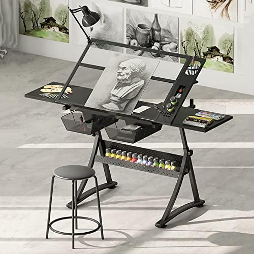 Drawing Tilting Tablet,Drawing Table Glass Drafting Table with Stool, Drawing Desk Art Table 2 Storage Drawers 71-93CM Height Adjustable 0-50° Tilting