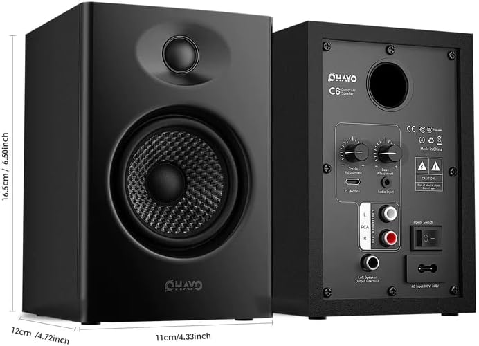 OHAYO 60W Computer Speakers for Music and Gaming, Active Bluetooth 5.3, Stereo 2.0 Speakers for Desktop PC or Laptop, 3.5mm Aux RCA USB Input, 1 Pair, Black