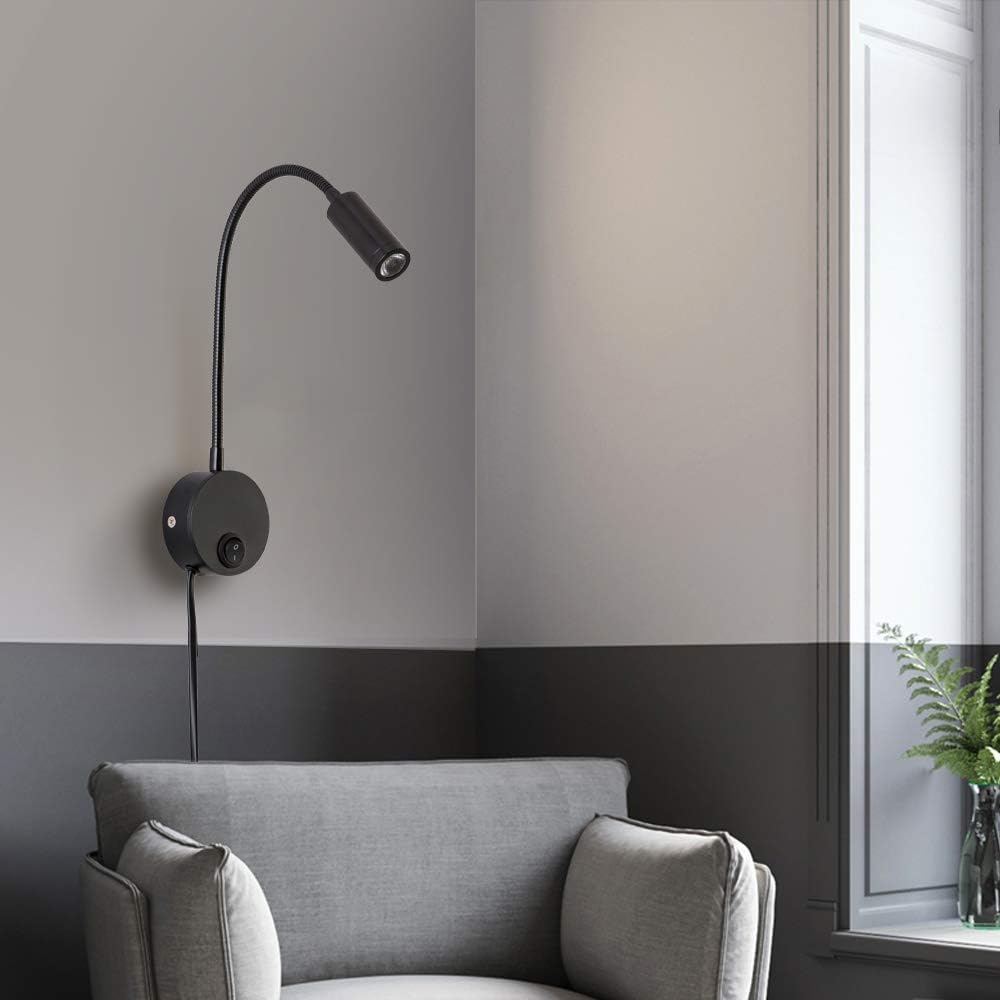 Reading Lamp Wall Sconces Light LED 3W Warm White 3000K Plug for Reading Books (Black 2pcs 3000K Cord)