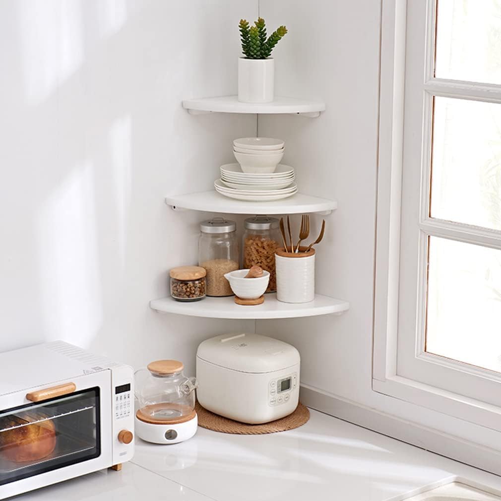 Corner Shelf, White Solid Oak Wood Floating Corner Shelves Wall Mount Round End Floating Speaker Rack Display Shelf for Small Plant Photo Frame (White, 7in)