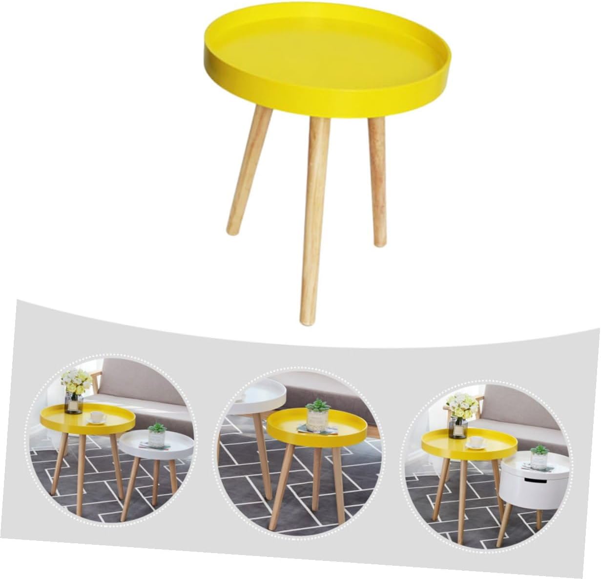 FAVOMOTO Nordic Style Mini Round Indoor Coffee Table Yellow Small Sofa Side Table with Tray Creative Household for Living Room and Bedroom