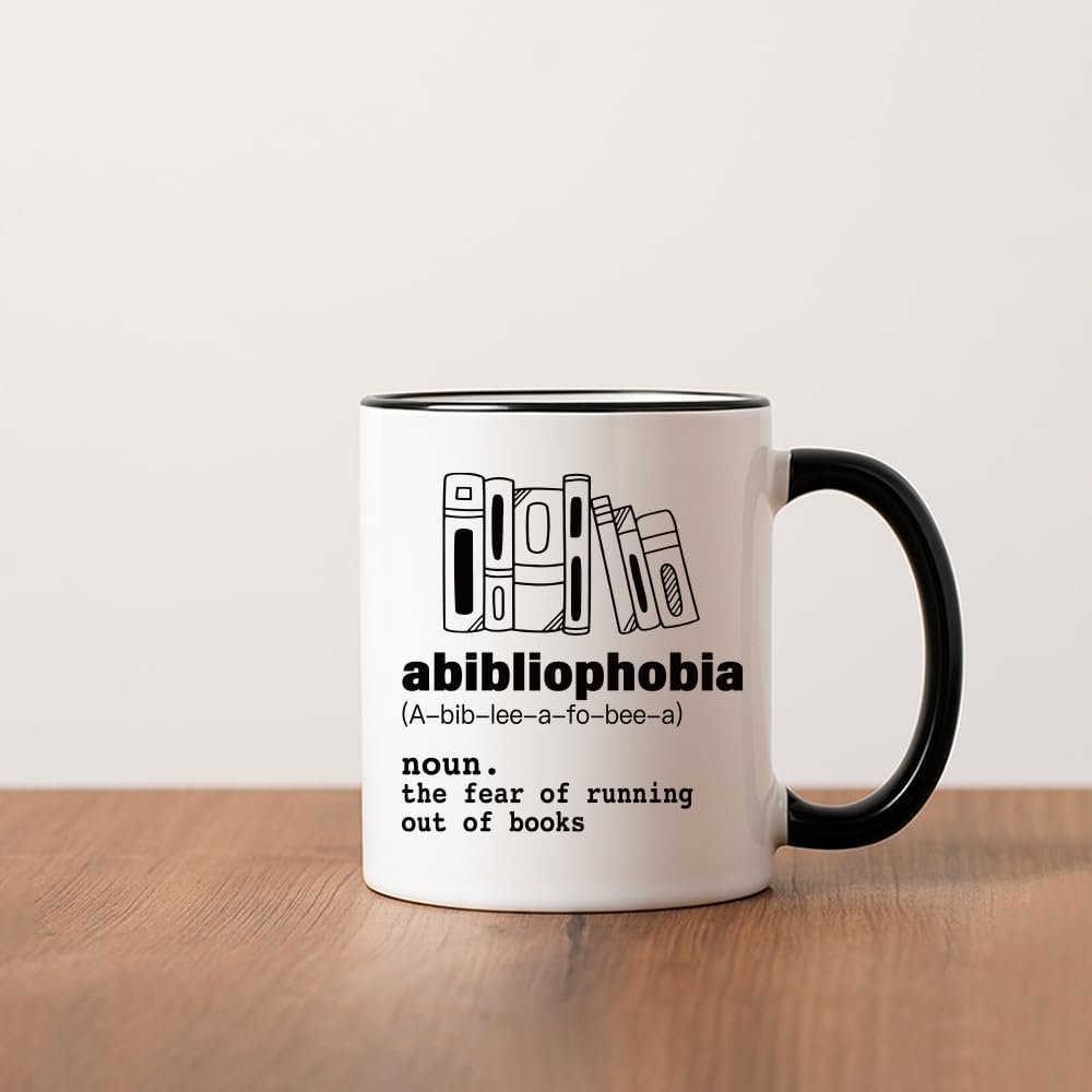 Funny Book Lover Gifts for Women Men Librarian Reader, Novelty Book Mug Gift for Bookworm Booknerd, Abibliophobia Definition Mug 11oz