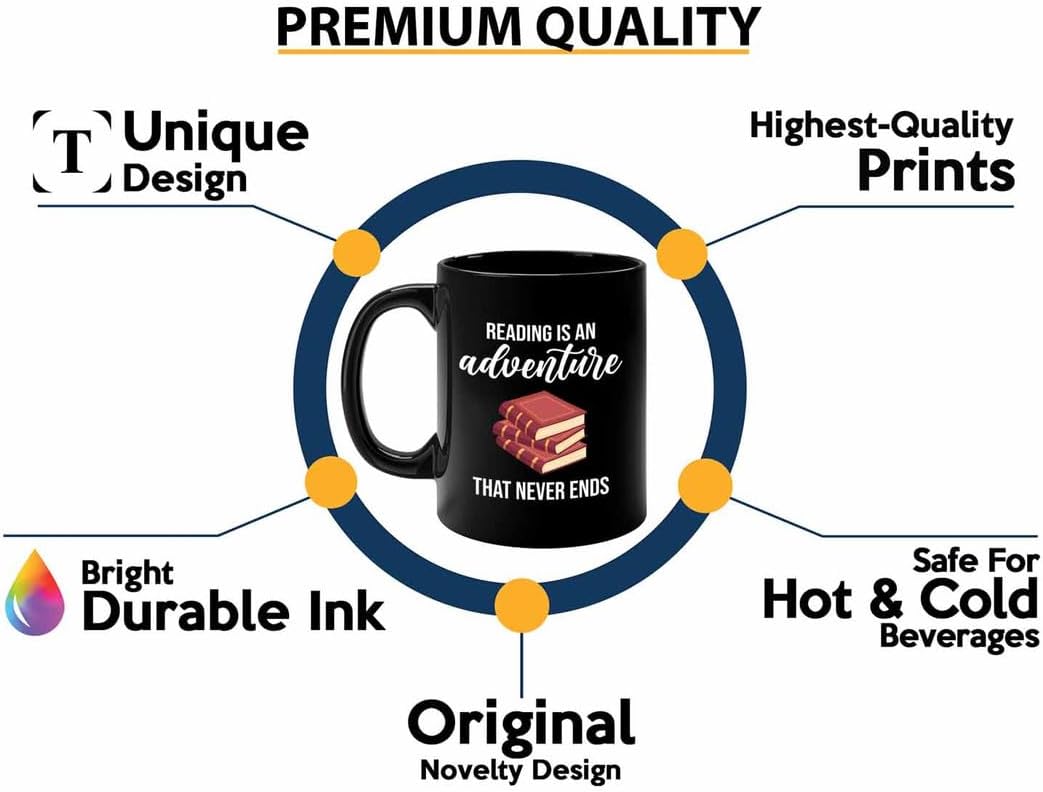 Bookish Coffee Mug 11oz Black -Reading is an adventure - Novel enthusiast Book Club Librarian Book Lover Writer Reader Bibliophile