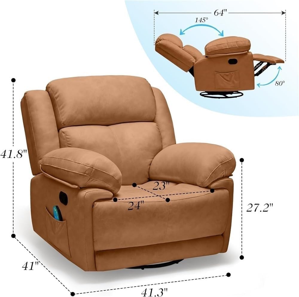Oversized Swivel Rocker Recliner Chair with Massage Overstuffed Glider Recliner for Adults Comfortable Ergonomic Single Lounge Sofa for Living Room Home Theater Seating
