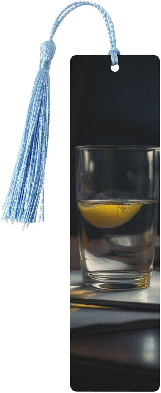 Glass of Water with Lemon Bookmarks Gifts for Women Men, Wooden Bookmarks for Book Lovers, Vintage Book Marks Ornaments with Tassel, Unique Personalized Reading Page Markers Sky Blue