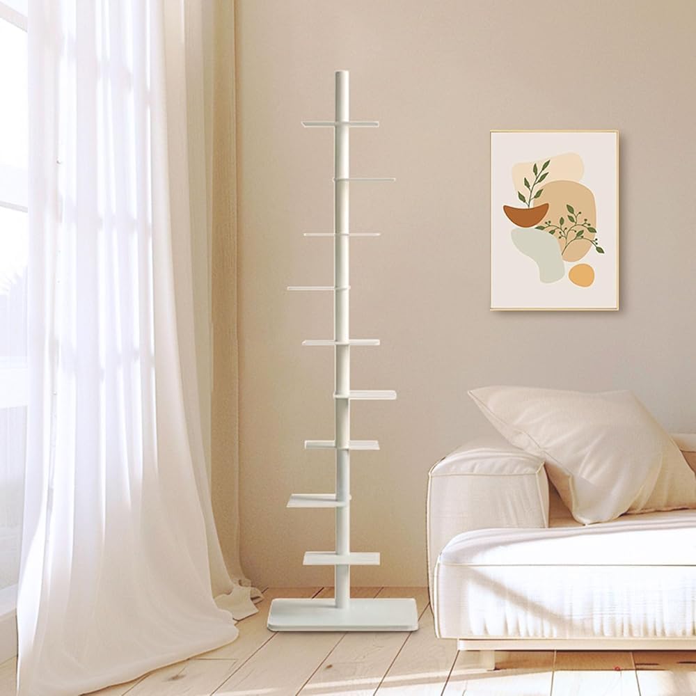 Modern Invisible Bookshelf, 9-Tier Metal Book Tower, DIY Nordic Vertical Storage Rack, Floor-Standing Bookcase for Home Office, Tall White Display Shelf
