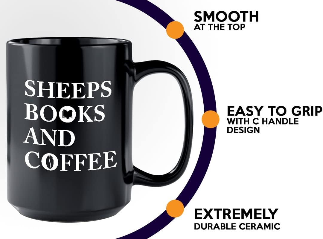 Book Lovers Coffee Mug 15oz Black - Sheep Books And Coffee - Animal Lovers Caffeine Addict Booked Teacher Author Farmer Goat Herbivorous Pet