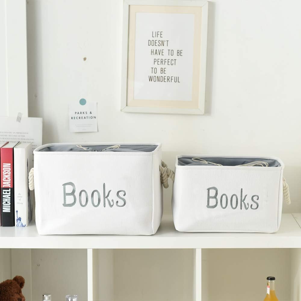 INough Book Basket for Kids Room, Book Storage Basket Book Organizer for Nursery Room Classroom Library Book Storage Box Collapsible Book Bins with Drawstring Closure for Cartoon Book Reading