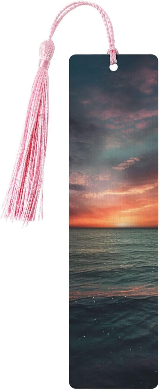 Over The Ocean Bookmarks Gifts for Women Men, Wooden Bookmarks for Book Lovers, Vintage Book Marks Ornaments with Tassel, Unique Personalized Reading Page Markers Pink