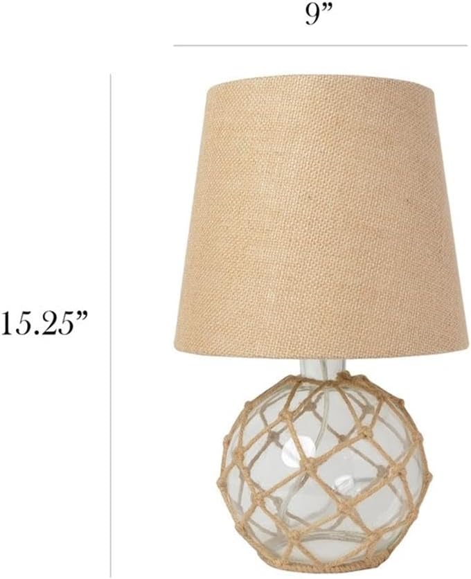 Elegant Designs LT1050-CLR Buoy Rope Nautical Netted Coastal Ocean Sea Glass Table Lamp with Burlap Fabric Shade, Clear