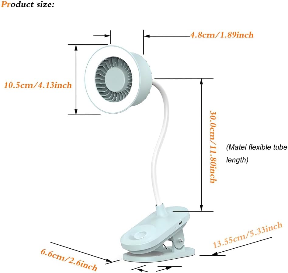 Portable LED lamp 2 in 1 more functions clip on fan,hanging,desktop, 4.5W 3 gears wind speed,2 gears brightness lighting,touch button rechargeable for reading, bed room,camping (light cyan)