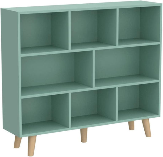 IOTXY Wooden Open Shelf Bookcase - 3-Tier Floor Standing Display Cabinet Rack with Legs, 8 Cubes Bookshelf, Tiffany-Green | Display Cabinet, Rack, with Legs, Bookshelf