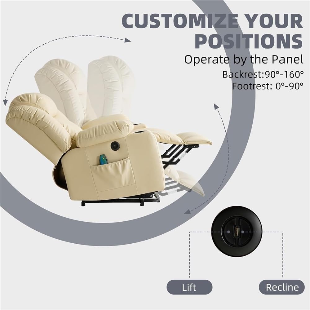 Adjustable Power Lift Recliner Chair, Heavy Duty Electric Massage Sofa with Heat, PU Leather Reclining Seat with Remote Control, Cup Holders, USB Port, Side Pockets