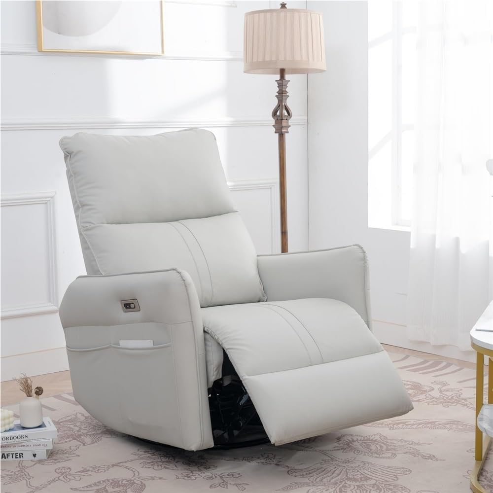 Overstuffed Swivel Rocker Power Recliner Chair with USB Ports, Luxurious Breathable PU Leather Nursery Glider, Modern Electric Single Sofa for Living Room & Bedroom
