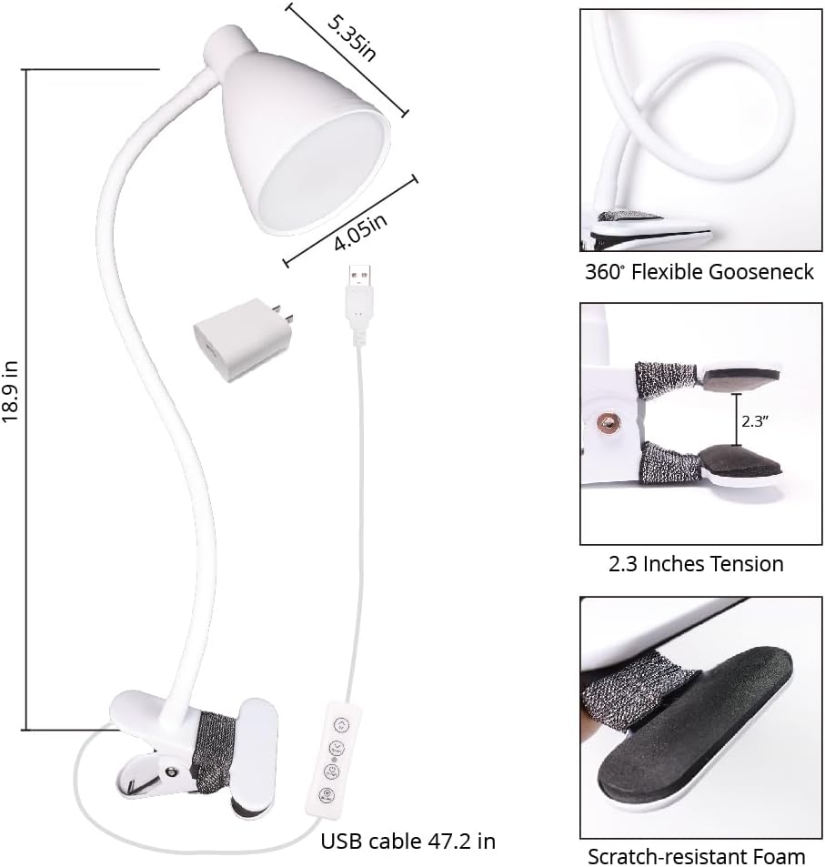 Clip on Lamp Reading Lights,3 Color Modes 10 Brightness Dimmer with Auto Off Timer Eye-Caring 360° Flexible LED Desk Lamp Gooseneck Clip for offic Bed Desk Headboard Dorm ,AC Adapter Include,White