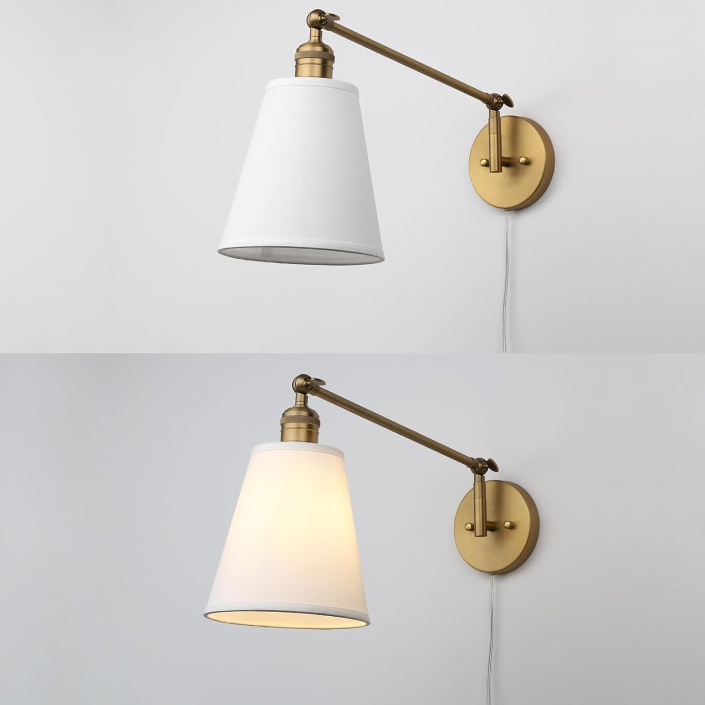 PERMO Retro Swing Arm Wall Sconce Plug in Wall Lamp Single Sconce Light Fixture with White Fabric Shade for Bedroom Living Room Home Office