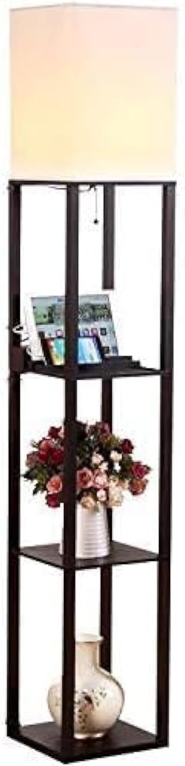 Brightech Maxwell Charger - Modern Shelf Floor Lamp with USB Charging Ports & Electric Outlet - Corner Display Floor Lamps with Shelves for Living Room, Bedroom and Office - Havana Brown