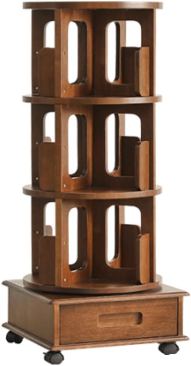 4/5/6 Rotating Bookshelf with Wheels 360 Degree Home Bookcase Living Room Full Solid Wood Floor Movable wall Shelf Suitable for Home Office Study(4th Floor)