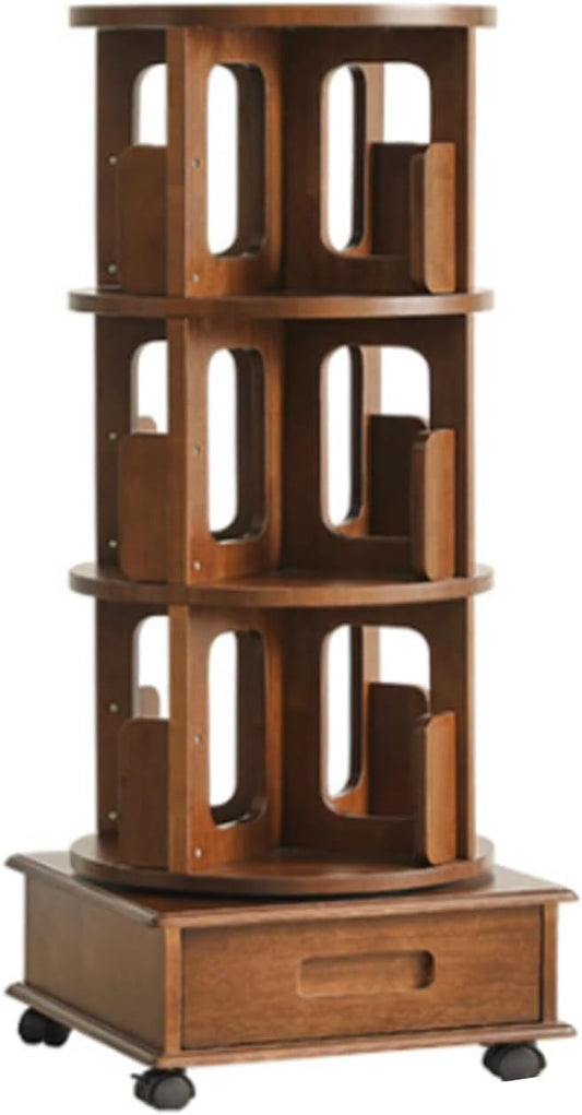 4/5/6 Rotating Bookshelf with Wheels 360 Degree Home Bookcase Living Room Full Solid Wood Floor Movable wall Shelf Suitable for Home Office Study(4th Floor)