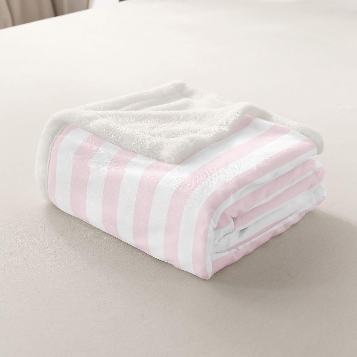 Feelyou White Pink Striped Throw Blanket Striped Soft Fleece Sherpa Cozy Fuzzy Plush Warm Geometric Fuzzy Plush Throw Basic Simple Throw 50"x60" for Bed Couch Living Room