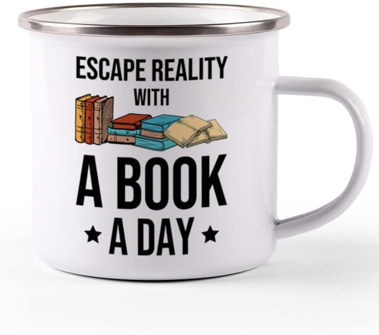 Reading Camper Mug 12oz - Escape Reality With a Book - Reader Gift Book Addict Book Lover Bookish Appreciation For Friend Novelist Writer Librarian Bookworm