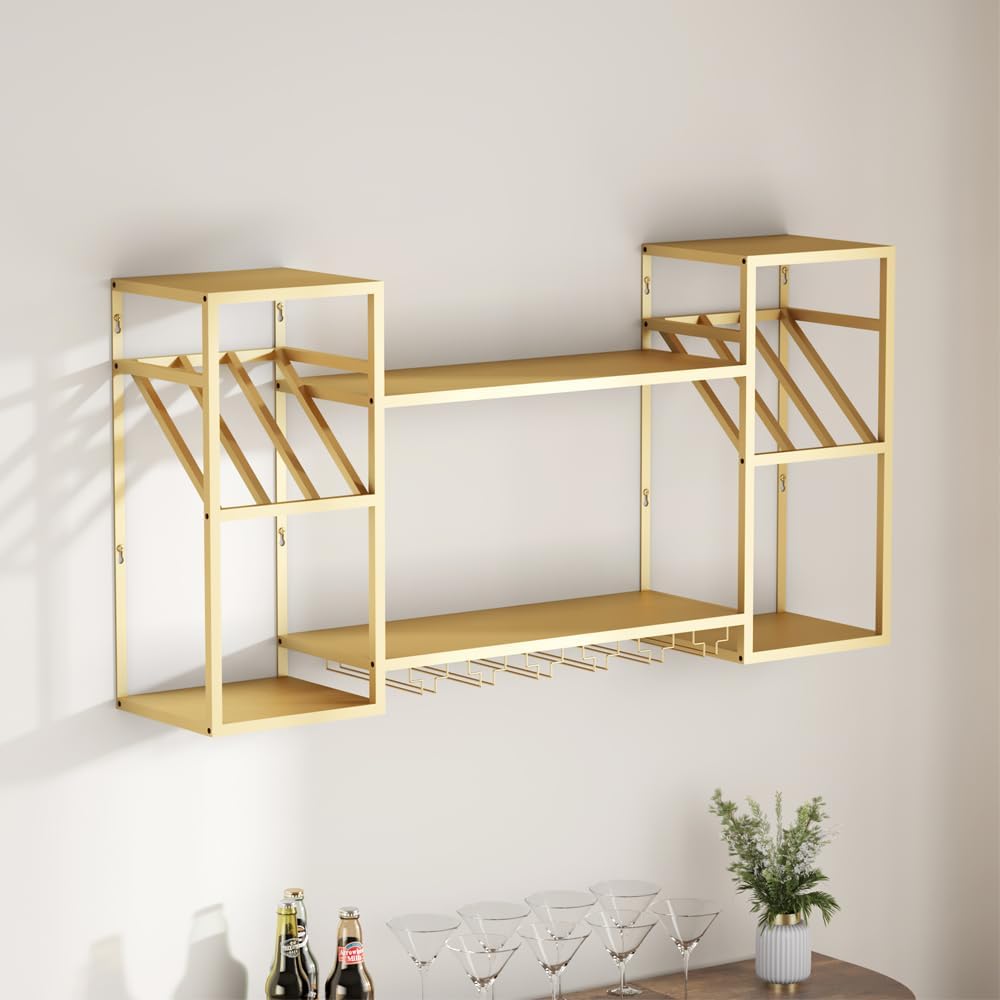 Metal Floating Bar Liquor Shelves 2 Tier, Wall Mounted Wine Rack with Glass Holder Storage, Wall Bar Shelf Wine Display Storage Holder for Kitchen Dining Room Bar (Gold)