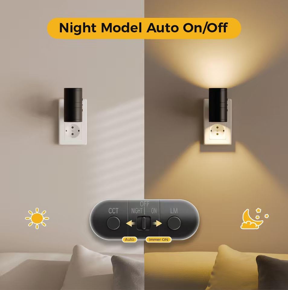 Night Light Plug in, 2 PCS Night Light with Dusk to Dawn Sensor, 3-Color/Brightness Adjustable/180 for Kids Room,Hallway, Bedroom, Garage, Stairway