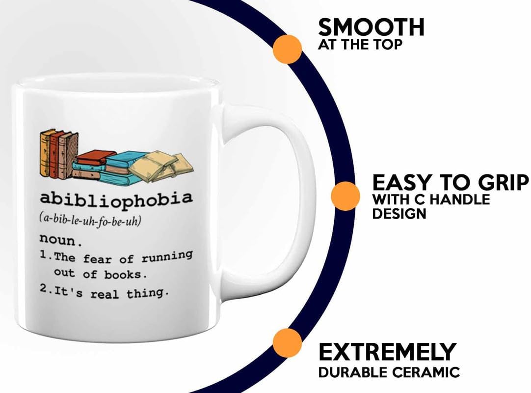 Reading Coffee Mug 11oz White - Abibliophobia Definition - Reader Gift Bookworm Owl Lover Cat Lover Book Lover Novelist Librarian Writer