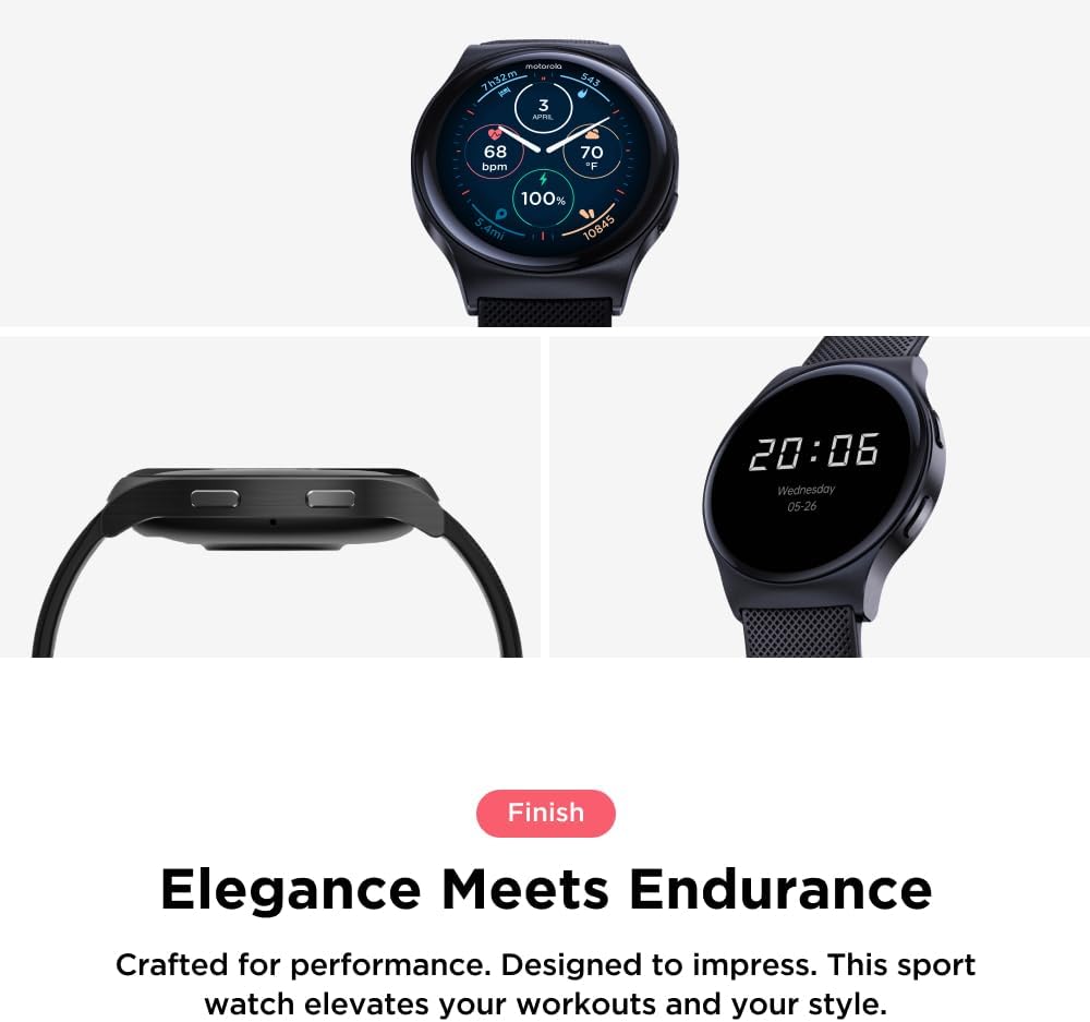 Motorola Moto Watch 120 - Premium Bluetooth Smartwatch with AMOLED Display, 10-Day Battery, Heart Rate & SpO2 Tracking, Fitness & Health Monitoring, Compatible with Android and iPhone - Phantom Black