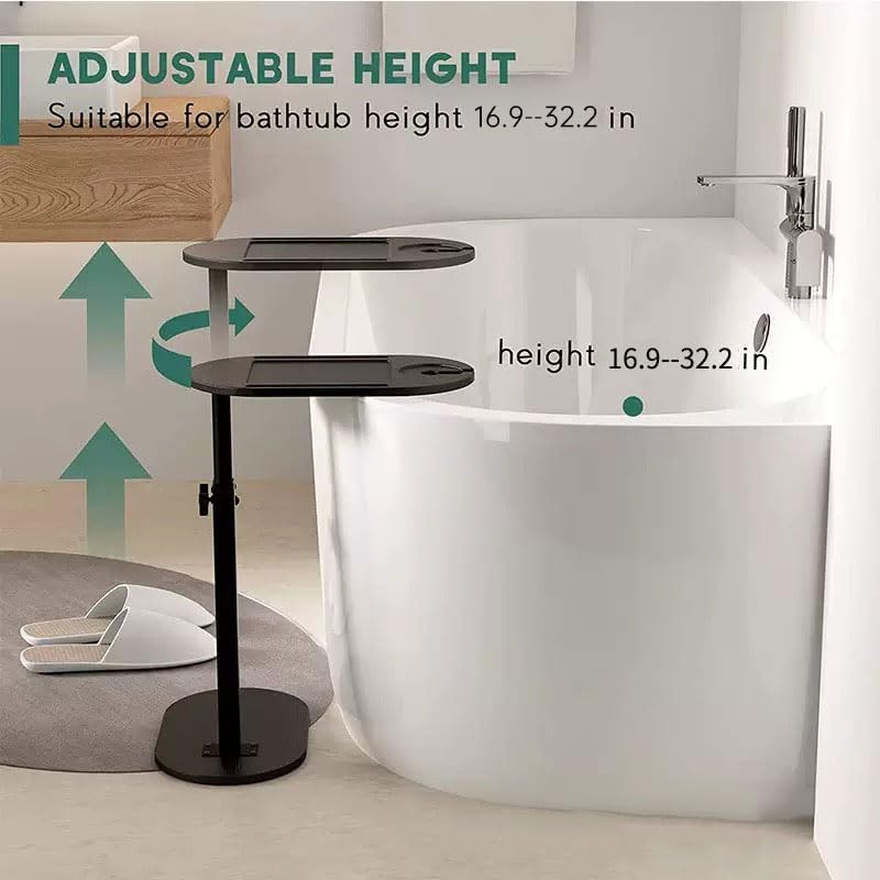 Bamboo Bathtub Tray Table with Adjustable Height,Freestanding Bath Caddy Side Table， Tub Shelf with Wine Glass Phone Holder, Suitable for Luxury Spa ，House Warming Gift and Bathing Reading（Black）