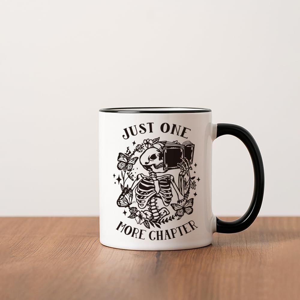 Funny Book Mug for Book Lovers - Just One More Chapter Skeleton Reading Gifts for Women Men Librarian Bookish Book Club Bookworms Readers Teacher Booknerd Friends 11oz