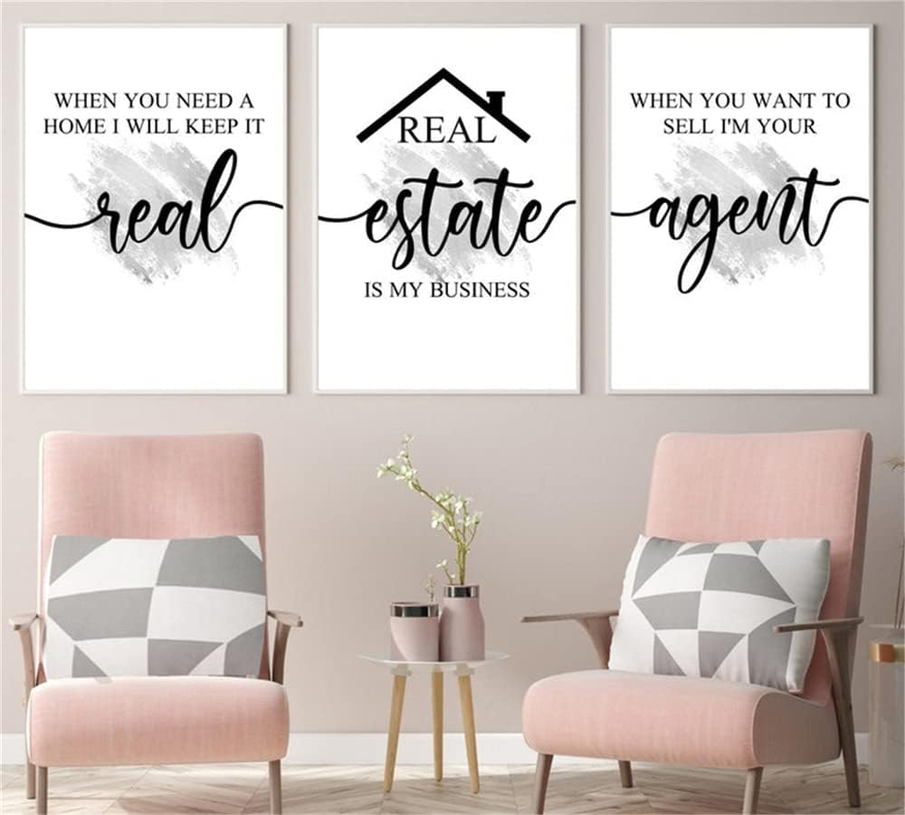 Canvas Painting 3 Piece Prints Silver Real Estate Wall Art Modular Poster Real Estate Agent Quotes Pictures Framed Artwork for Realtor Office Decoration with Wooden Inner Frame
