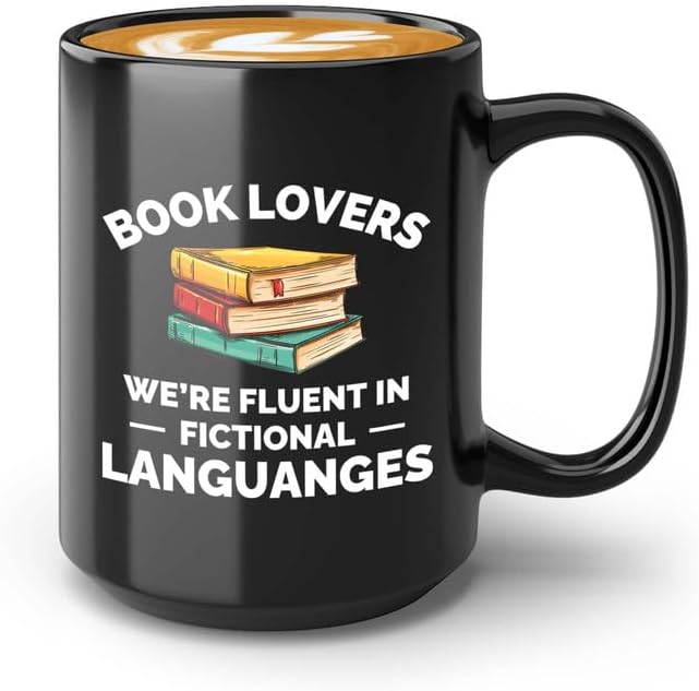 Book Lover Coffee Mug 15oz Black - fluent in fictional - Gift For Poets Bookish People Bibliophile Librarian Book Club Reader