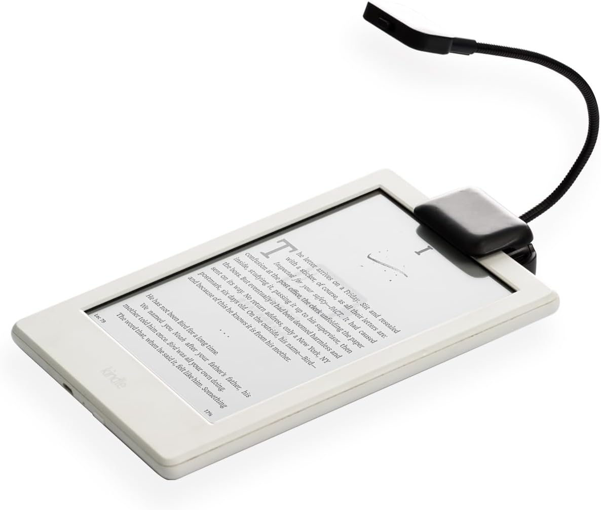 TFY Clip-on LED Reading Light with 2 Levels of Lumen Intensity for Kindle, Other e-Readers, Tablets, Books Plus Bonus Hand Strap Holder for 6 inch Kindle e-Readers (Black)