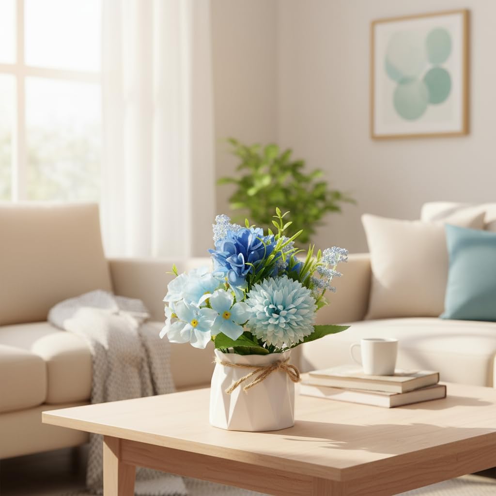 2 Pcs Blue Hydrangea Artificial Flowers Bathroom Decor Fake Flowers in Small Flower Vases for Centerpieces Floral Arrangements Home Indoor Kitchen Tables Living Room Tv Stand Nightstand Decor