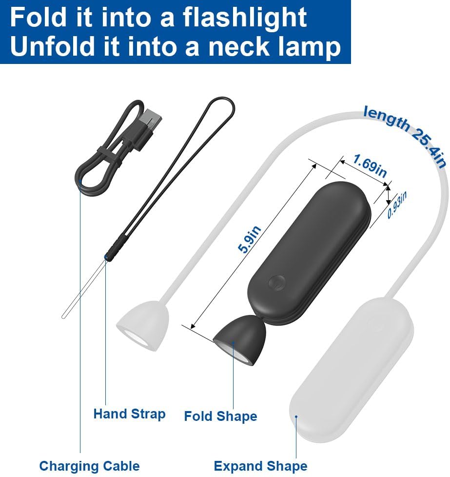 3 in 1 LED Book Light, Camping Light & Flashlight, 1800mAh Rechargeable Camping Lantern for Home Office, Bed Reading at Night & Outdoor - Foldable Neck Hanging Light (Black)