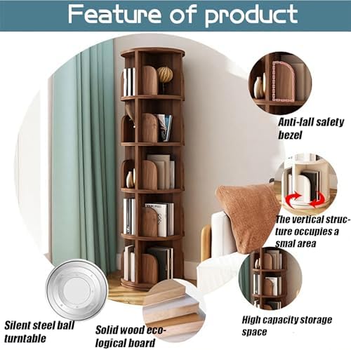 360° Solid Wood Rotating Bookshelf - 2/3/4/5 Tier Floor Standing Book Shelf for Small Spaces, Corner, Bedroom, Kids Room, Office - Stylish Storage Rack (Black, 39 x 39 x 130.8cm)
