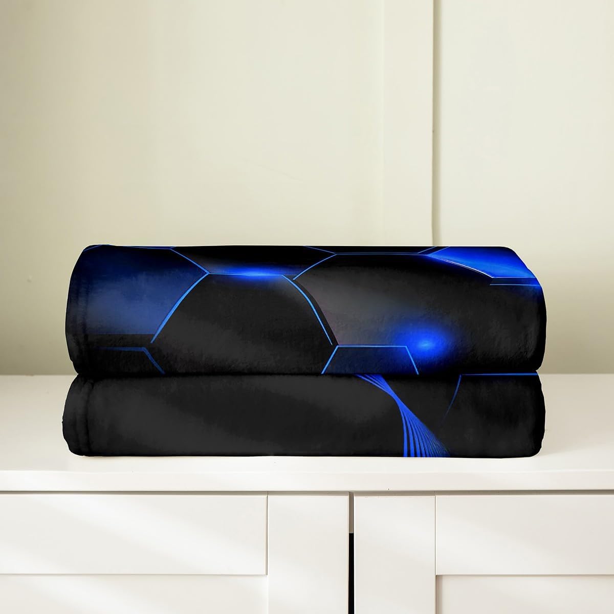 Erosebridal Royal Blue Black Honeycomb Fleece Blanket Queen 90x90,Neon Lights Hexagon Throw Blanket for Teens Adult,Striped Curve Lines Fuzzy Blanket,Ombre Glowing Stripes Sherpa Blanket