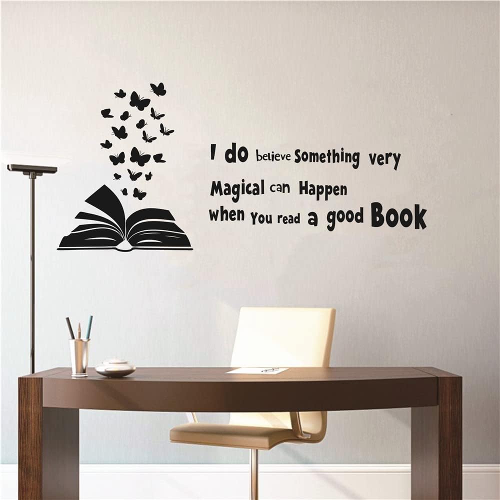 60x28 inches Reading Book Wall Decal Open Book Butterflies Reading Room Quote Wall Decoration I do Believe Something Very Magical can Happen Kids Children Study Bedroom Poster AFN03 (Black)